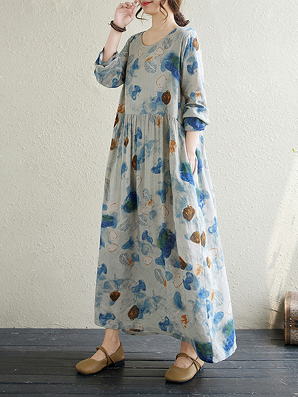 Floral Print Long Sleeve Round Neck Cotton Linen Maxi Dress