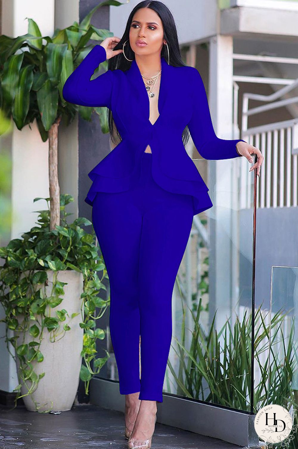 Black Casual Two Piece Suits Patchwork ruffle Solid pencil Long Sleeve