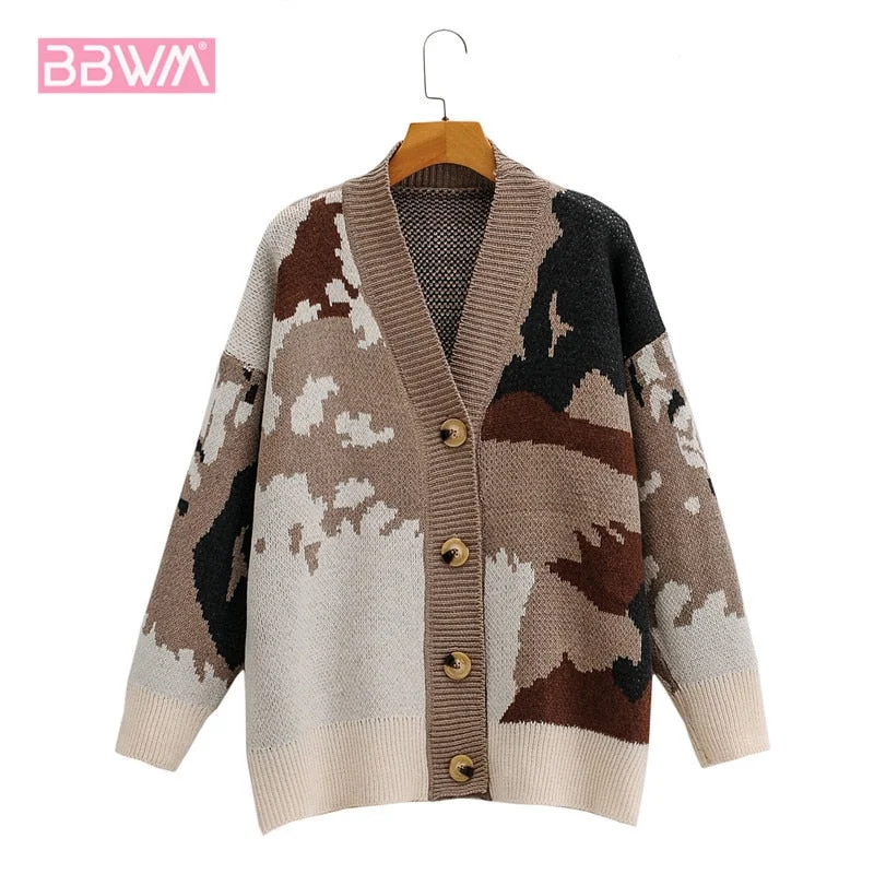 Camouflage Lazy Loose Knit Outer Wear Female Cardigan Korean Fashion V-neck Single Thicken Outer Wear Women's Sweater