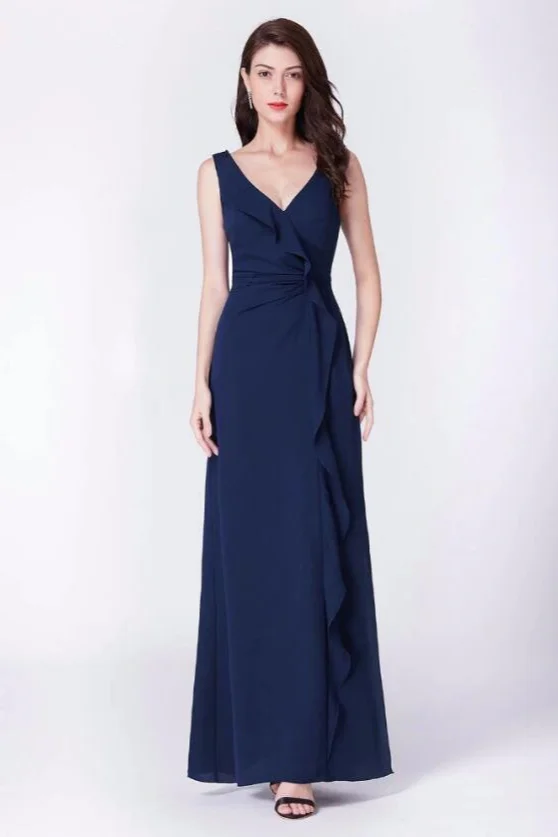 Bellasprom Navy Blue V-Neck Long Prom Dress With Ruffles Sleeveless Bellasprom