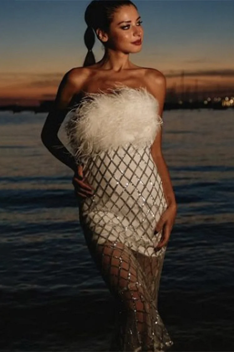 Feather Strapless Grid Sequin Bodycon Midi Dress-White