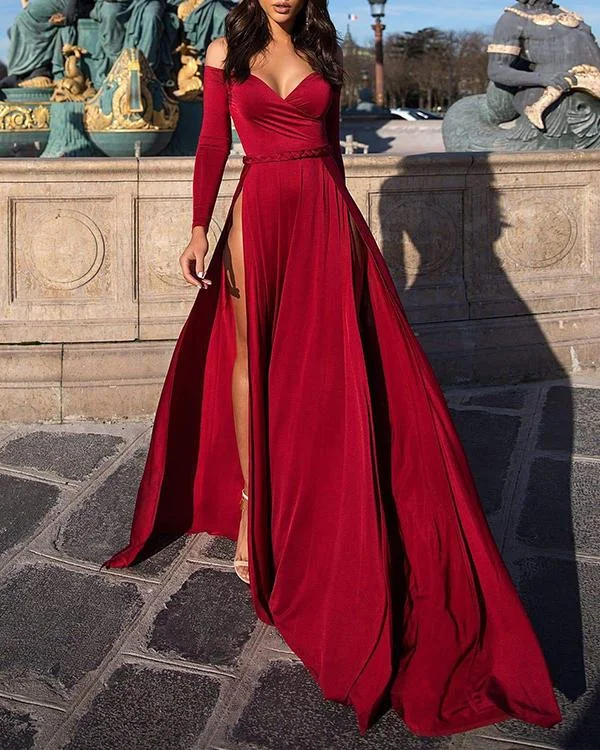 Wine Red Off the Shoulder Slit Wrap Gown Long Sleeve Evening Dress