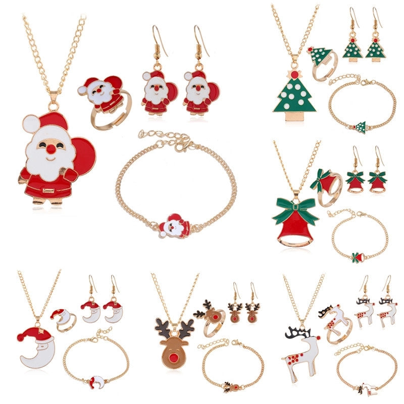 Christmas Series Earrings Necklace Bracelet Ring Set Santa Elk Bell Gift Jewelry