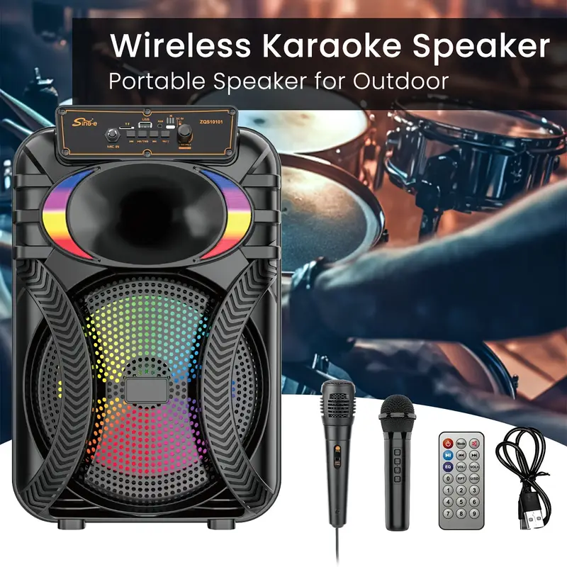 massive 10 bt speaker for outdoor indoor party 2400mah rechargeable portabletv speaker features bt fm usb tf card 2 mic tws pairing wireless mic dynamic colorful led lights camping parties more Product details 4