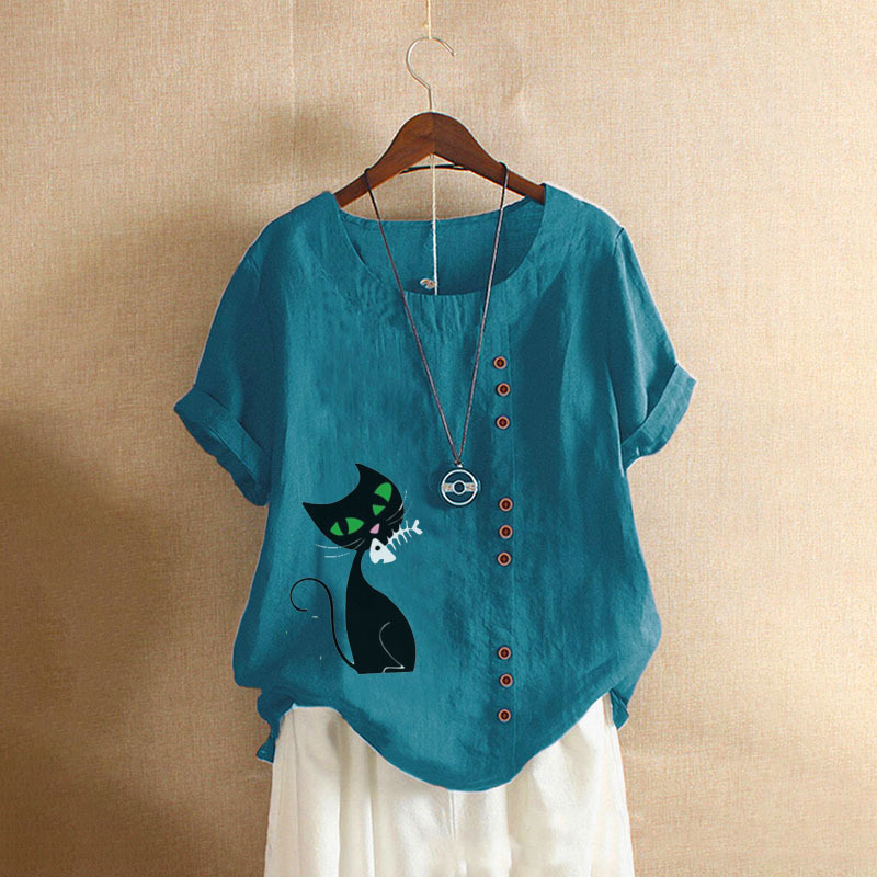 Groksage Woman Blouse 2025 Summer Retro Casual Loose Fitting Cotton And Linen Short Sleeved Pullover Shirt Ladies Botton Cat Print Tops