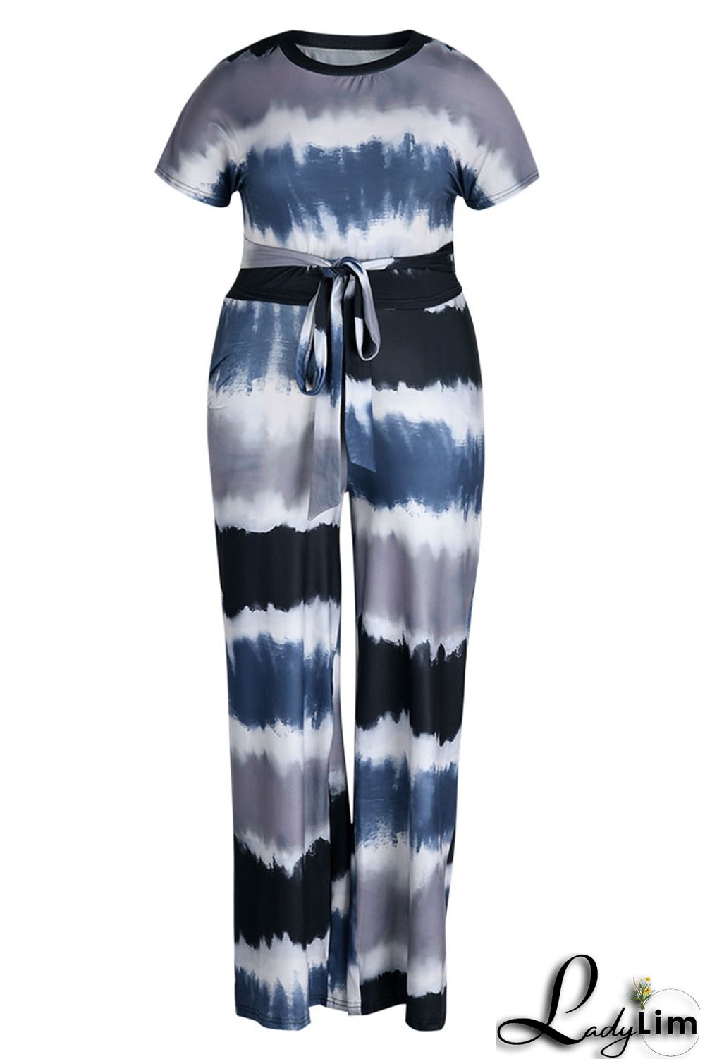 Purple Casual Striped Print Tie Dye Bandage Patchwork O Neck Plus Size Two Pieces