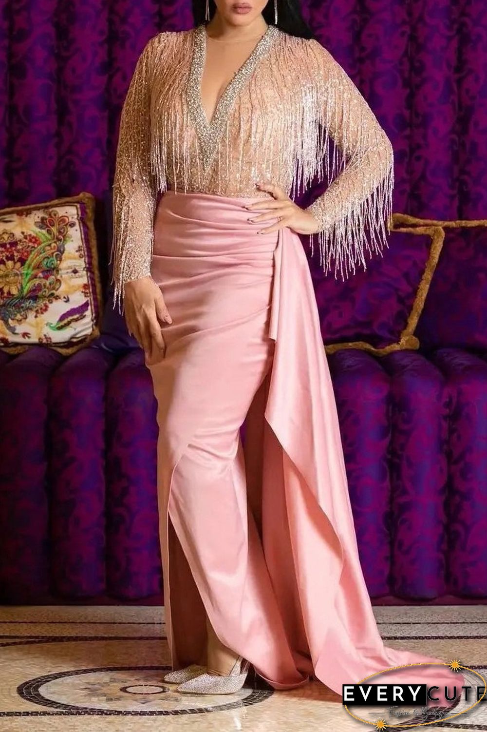 Long Pink V-Neck Long Sleeve Formal Evening Dress