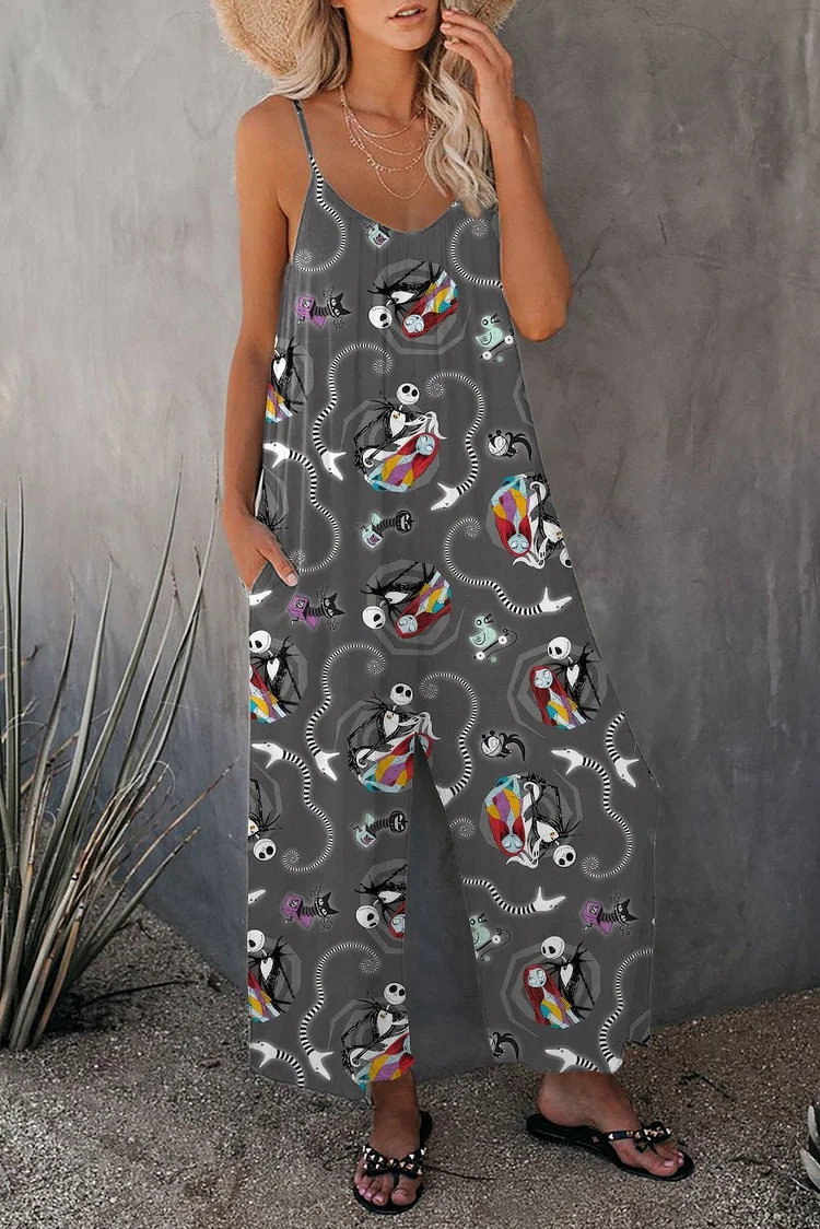 Vintage Jack and Sally Halloween Print Wide leg Jumpsuit with Pockets
