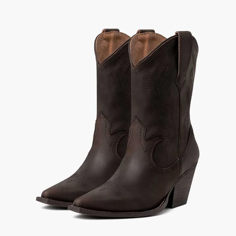 Dark Brown Stitch Pattern Chunky Heel Cowgirl Boots with Pointed Toe