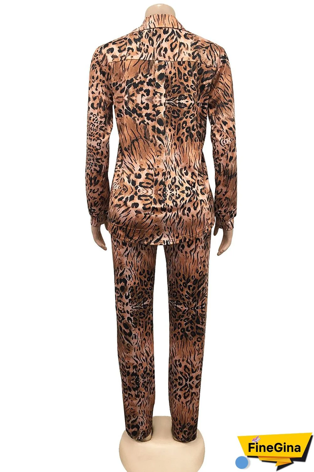 Tiger Pattern Fashion Casual Print Cardigan Vests Pants Turn-back Collar Long Sleeve Two Pieces