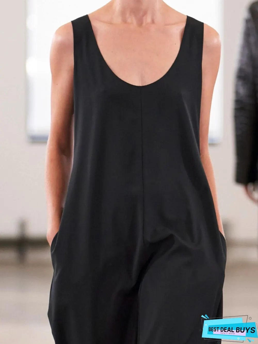 Black Casual Plain Round Neck Cotton-Blend Jumpsuits