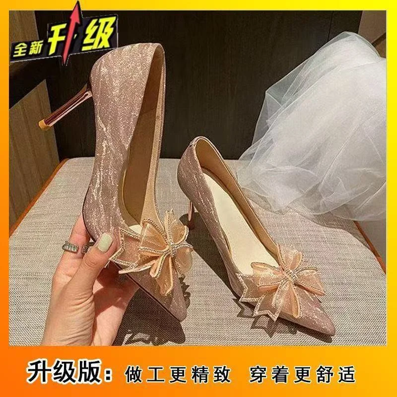 Breakj Breakj High-Heeled Women Fashion Comfortable Shallow Bow Fine Heel Single Shoes Women 2025 Spring And Summer New