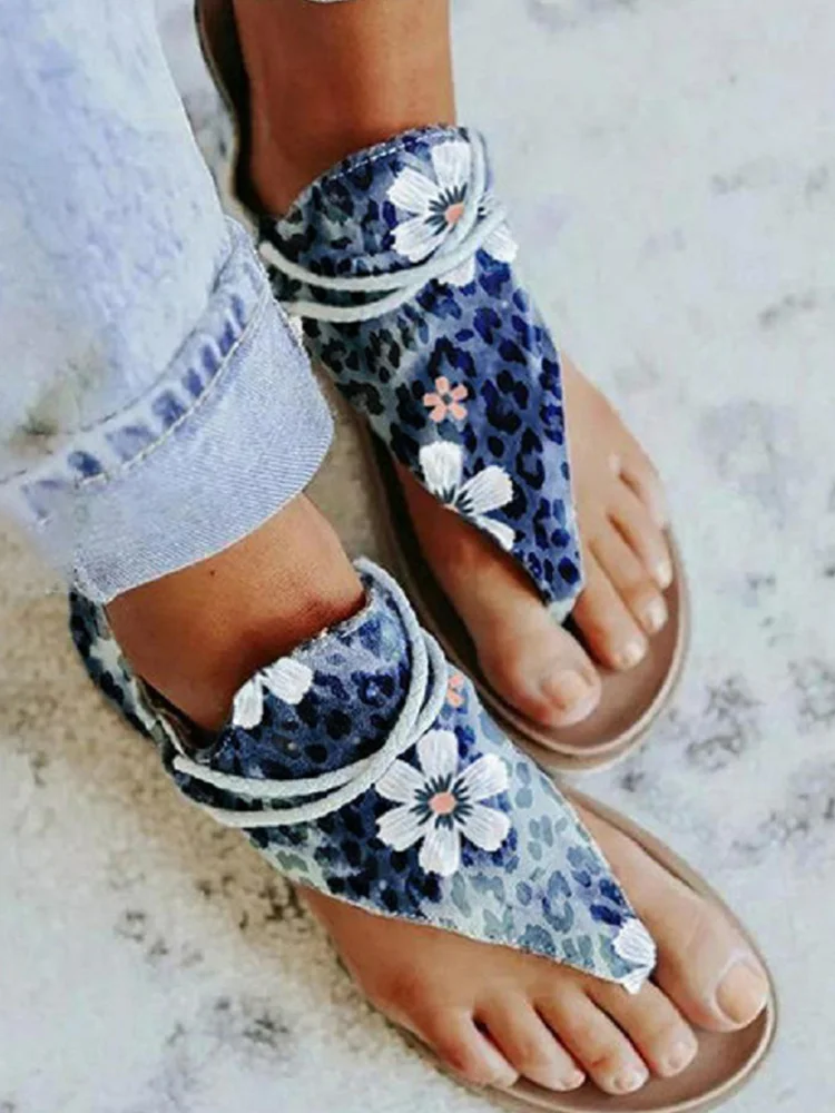Floral and Leopard Flat Casual Back Zip Sandals