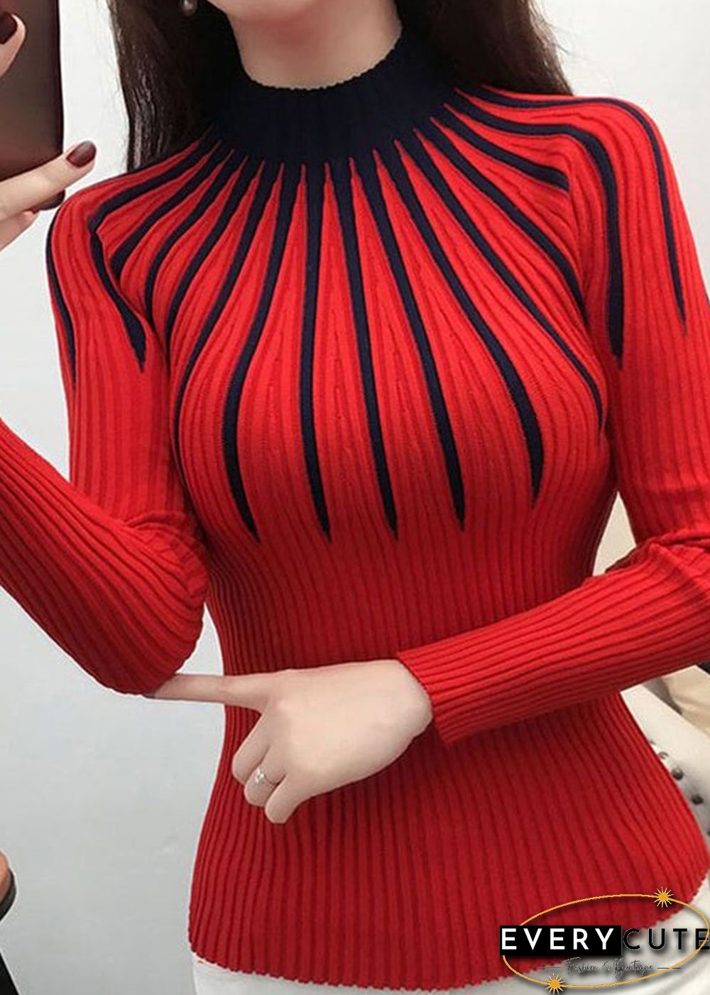Fashion Green Turtleneck Striped Thick Knit Sweaters Bottoming Shirt
