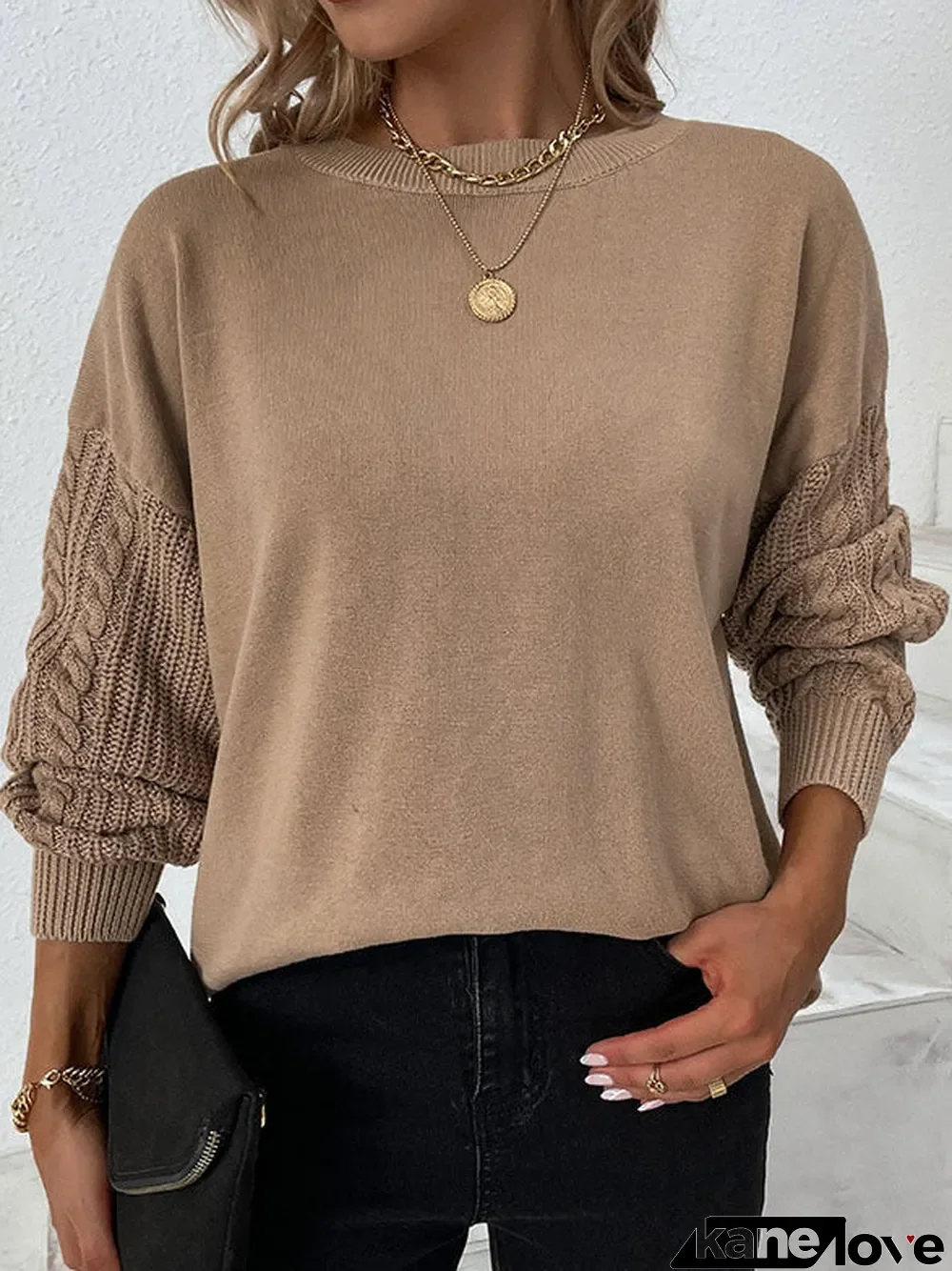 Women Lantern Sleeve Scoop Neck Vintage Stitching Sweaters