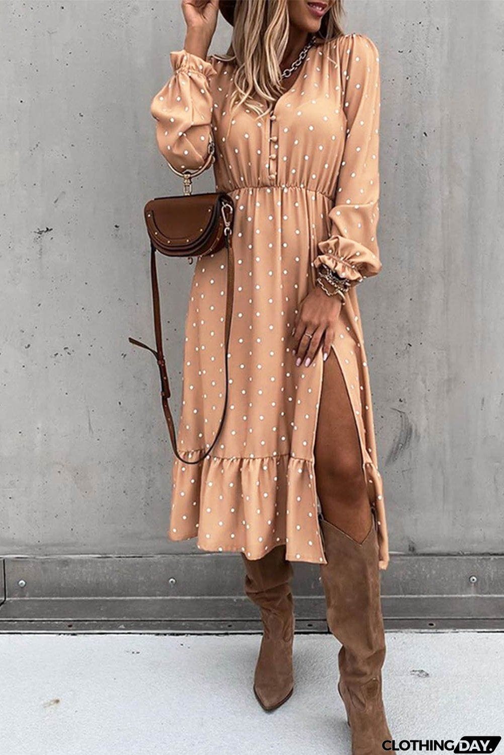 Apricot Button Polka Dot High Slit Ruffled Long Sleeve Midi Dress