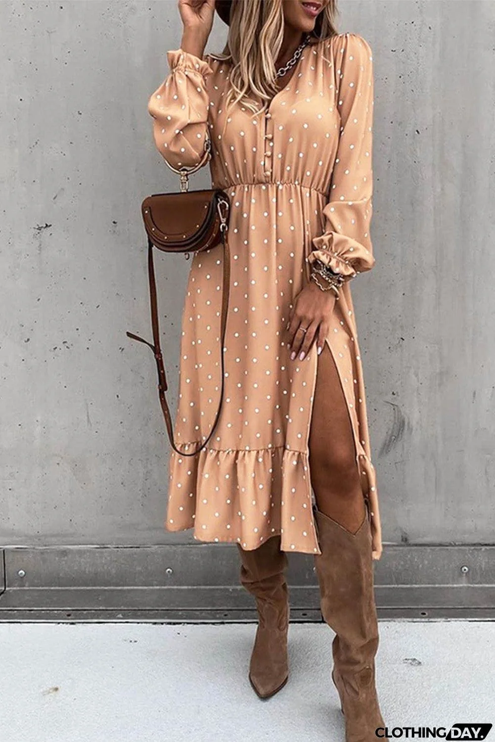 Apricot Button Polka Dot High Slit Ruffled Long Sleeve Midi Dress