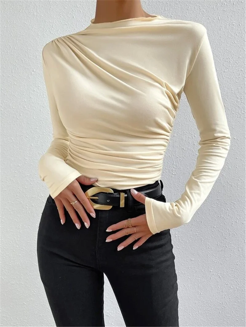 Brownm Brownm Solid Color Trim Bottom Shirt Folding Design Long-Sleeved T-Shirt Lady Top