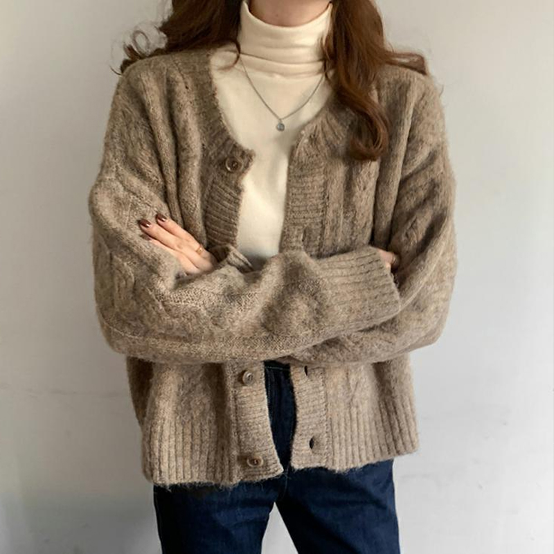 SOLID COLOR LAZY KNIT CARDIGAN SWEATER