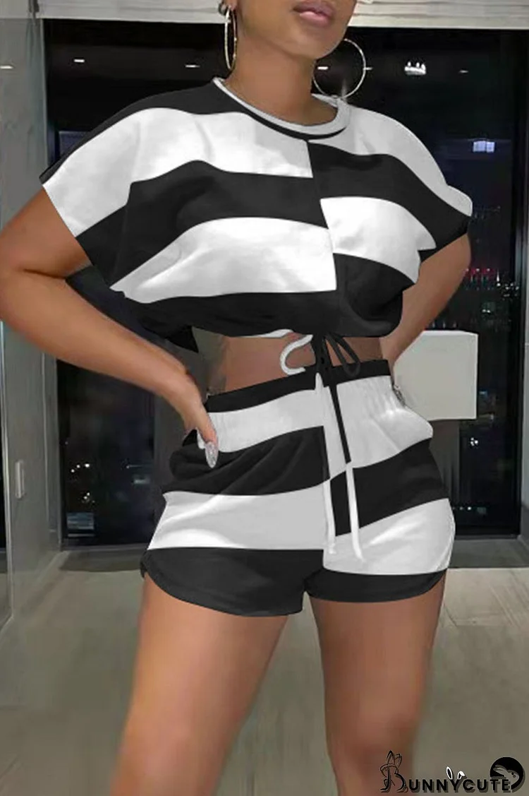 Black And White Casual Striped Print Bandage Split Joint O Neck Short Sleeve Two Pieces