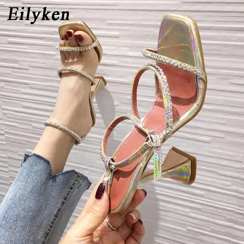 Eilyken New Design Square Toe Sandals Fashion Crystal Diamond PU Leather Ankle Buckle Strap Strange Heels Shoes Woman Summer