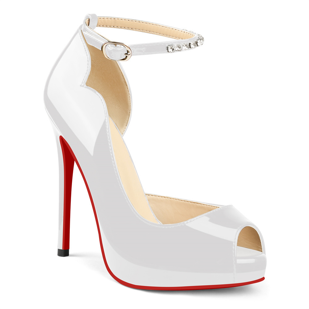 120mm Red Bottom Elastic Strap Slingback Sandals Peep Toe Platform Stilettos Black Patent Heels-MERUMOTE