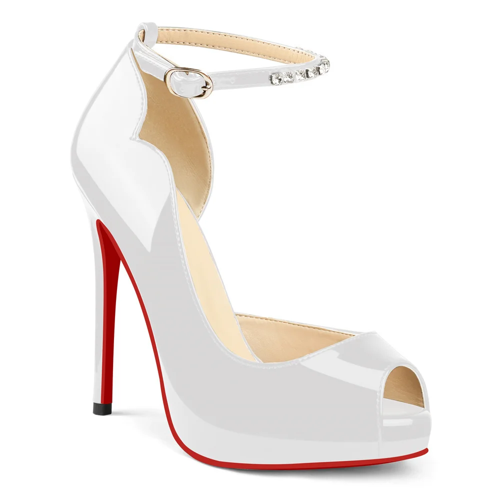 120mm Red Bottom Elastic Strap Slingback Sandals Peep Toe Platform Stilettos Black Patent Heels-MERUMOTE