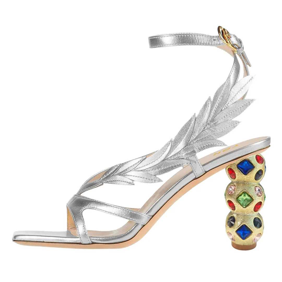 Silver Sculptural Heel Cross Ankle Strap Rhinestone Women's Sandals