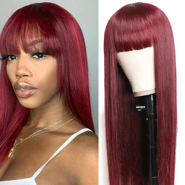 YesLaLa 99j Red Color Straight Wigs With Bangs For Women 100% Virgin Human Hair Wigs