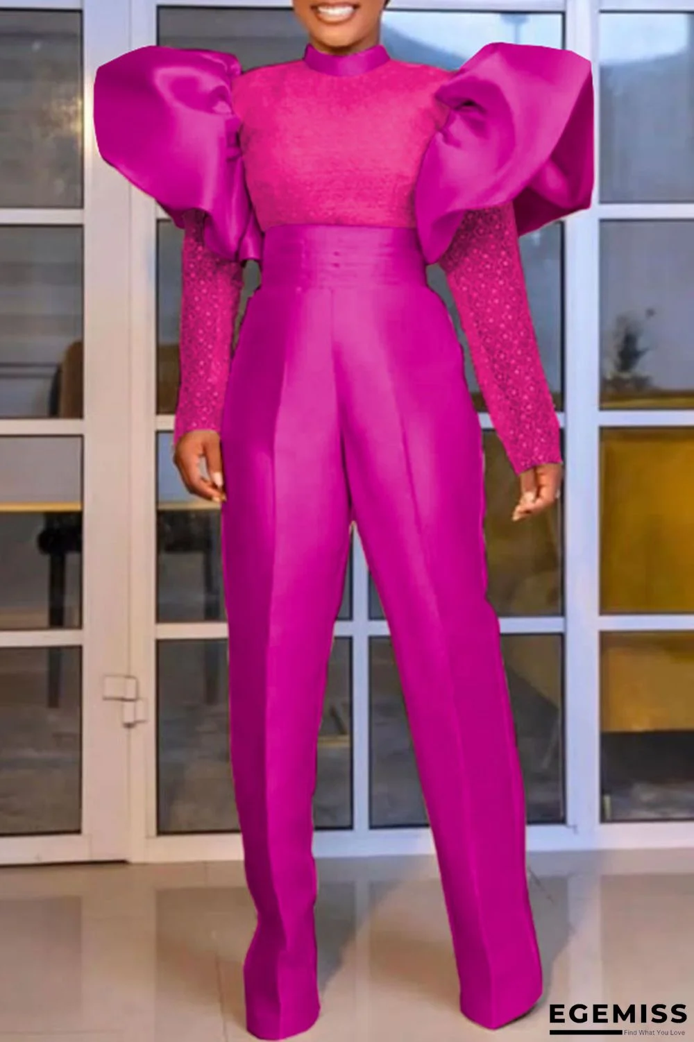 Rose Red Elegant Solid Patchwork Half A Turtleneck Straight Jumpsuits | EGEMISS