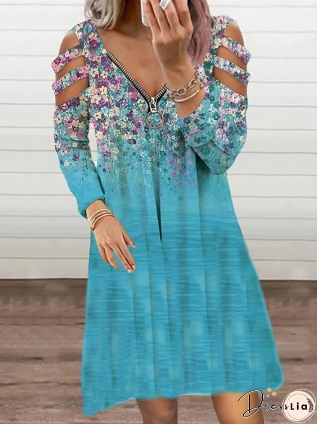 Casual Dress Summer Dress Print Dress Floral Ombre Hollow Out Zipper V Neck Mini Dress Active Fashion Outdoor Date Long Sleeve Regular Fit White Yellow Blue Summer Spring S M L XL XXL for Women