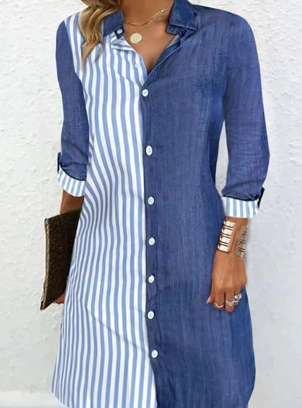Mongw Mongw Women's Women's Stripe Color Long Sleeve Comfortable Casual Buckle Medium Long Shirt