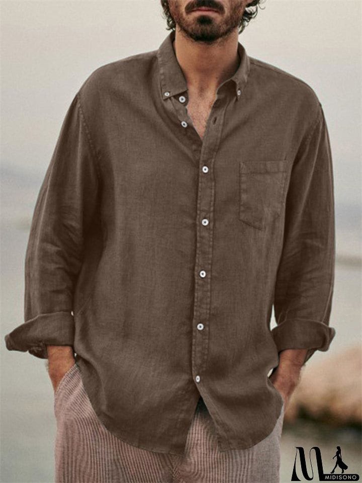 MidiSono - Men's Casual Plain Lapel Button Down Roll Up Sleeve Shirts