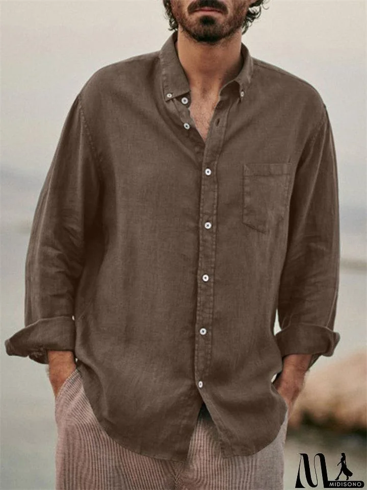 MidiSono - Men's Casual Plain Lapel Button Down Roll Up Sleeve Shirts