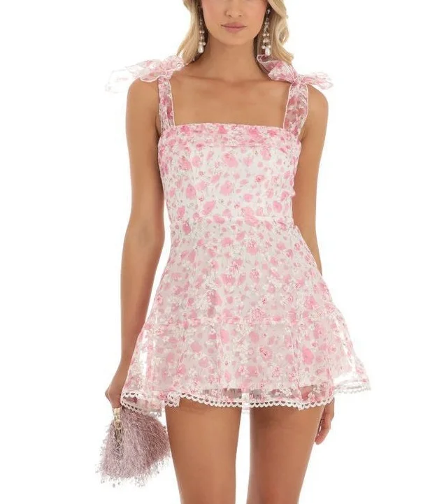 Lace Trim Square Neck Floral Print Dress
