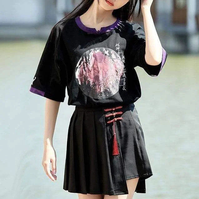 Cute Vintage Black Forest Print T-Shirt Pleated Skirt Set SP15896