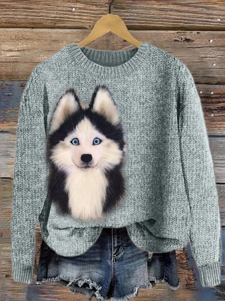 VChics Fuzzy Husky Dog Plush Cozy Knit Sweater