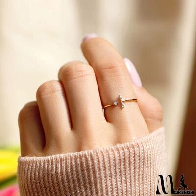 MidiSono - T Shape Inlaid Zircon 925 Sterling Silver Open Ring