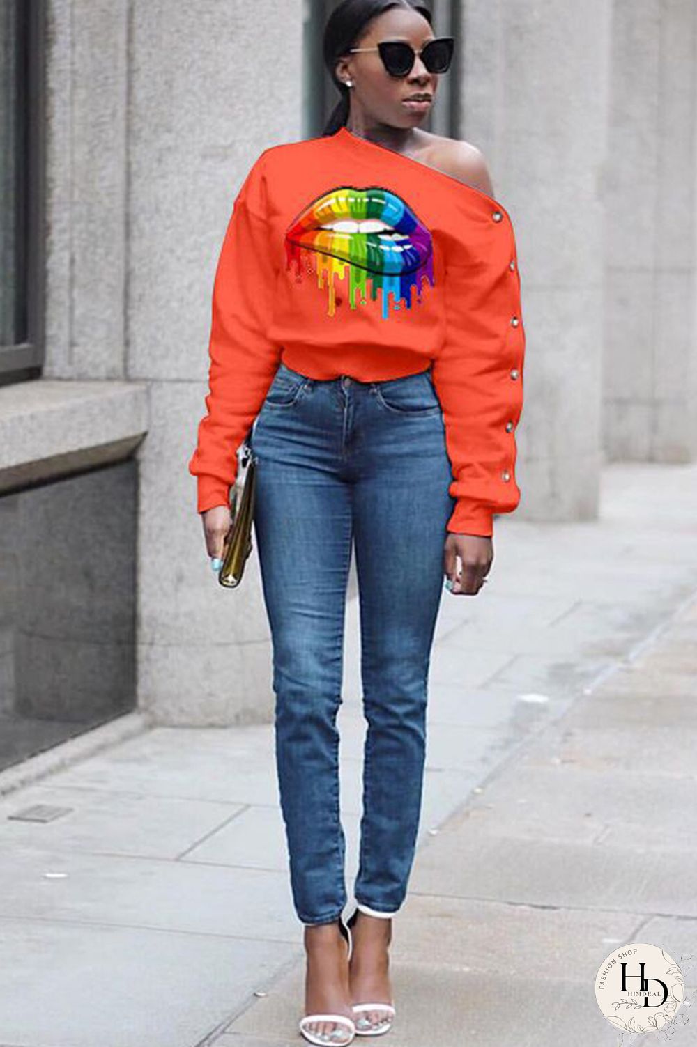 Black One Shoulder Collar Print Polyester Print Long Sleeve