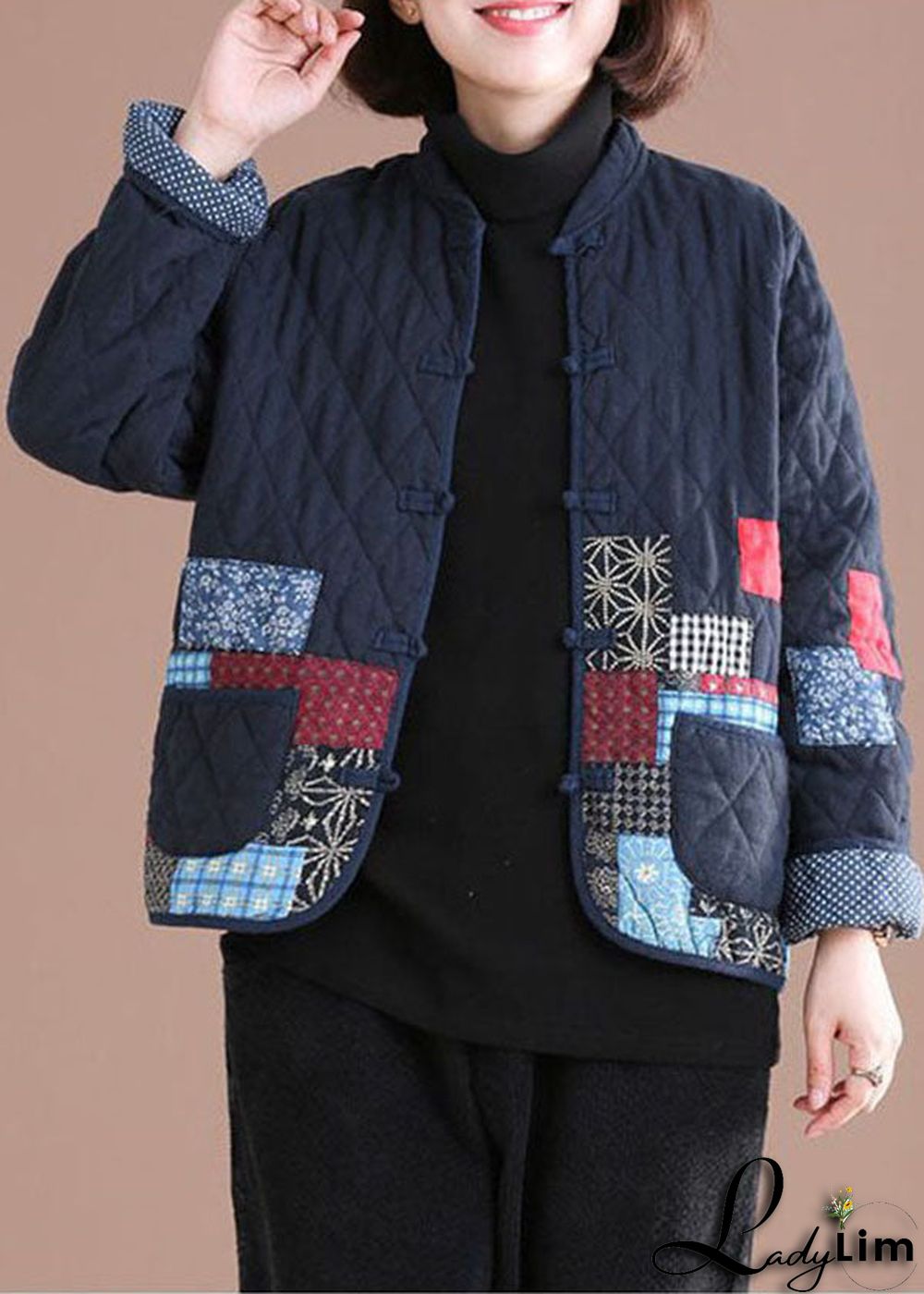 Retro Blue Oriental Patchwork Applique Fine Cotton Filled Jackets Winter