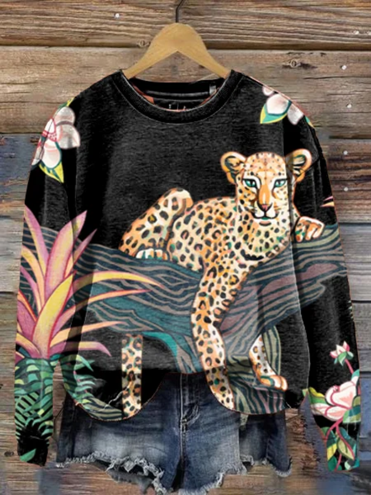 Women's Animal Leopard Print Long Sleeve Crewneck Sweatshirt wearshes