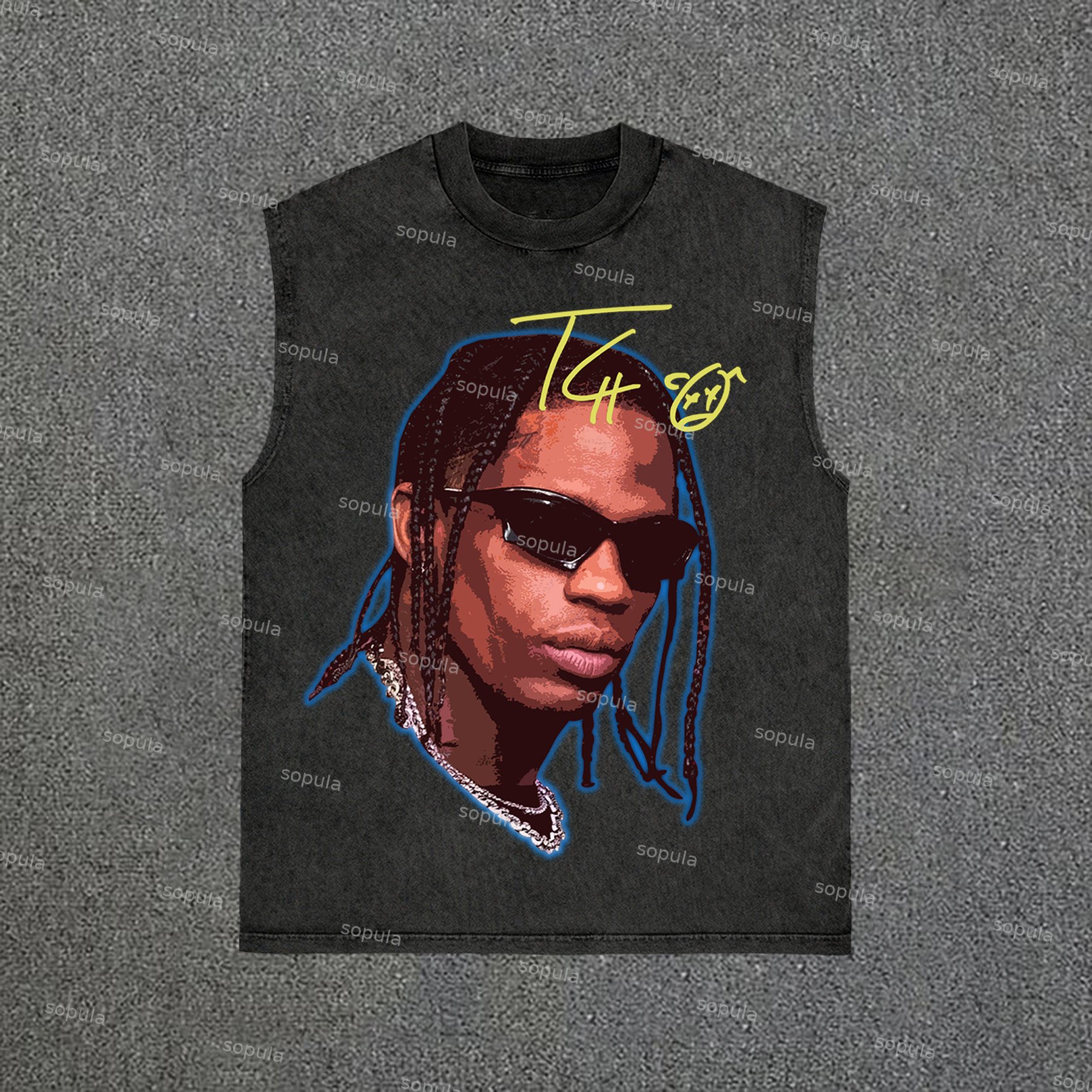 Sopula Vintage Travis Scott Portrait Graphic Print Vintage Wash Sleeveless Tank Top