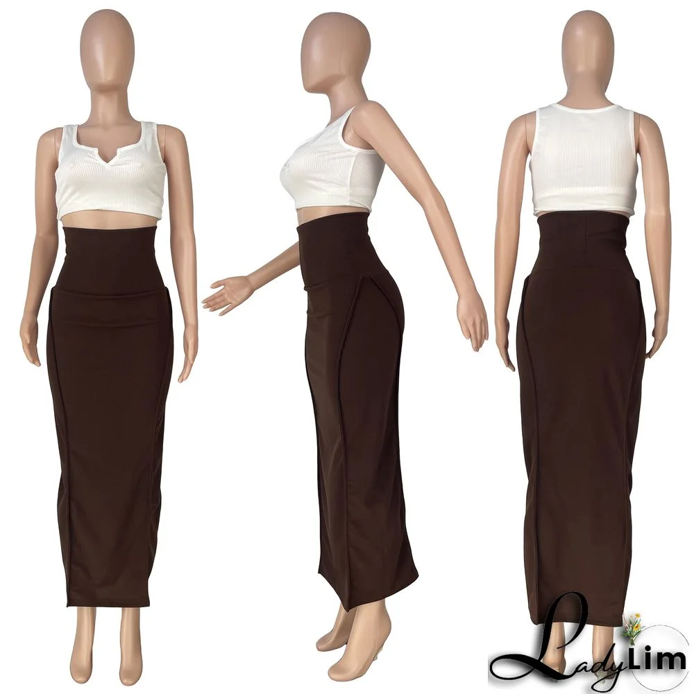 Women's Fashion Solid Color High Waist Elastic Tummy Control Patchwork Car Trim Maxi Dress