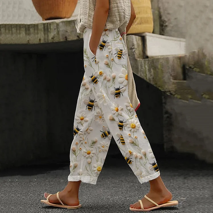 Daisy Bee Embroidery Art Print Casual Pants