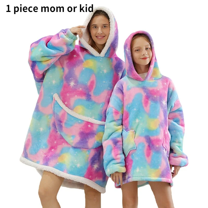 Sherpa Blanket Hoodie Family Oversized Homewear Fleece Warm Thick Girls Sleepwear Cartoon Printed Hoody Sweatshirt TV Blanket