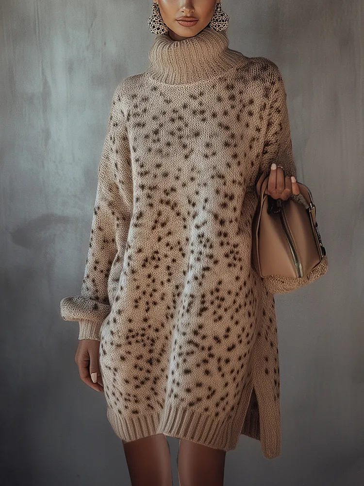 Khaki Chic Speckled Turtleneck Knit Dress