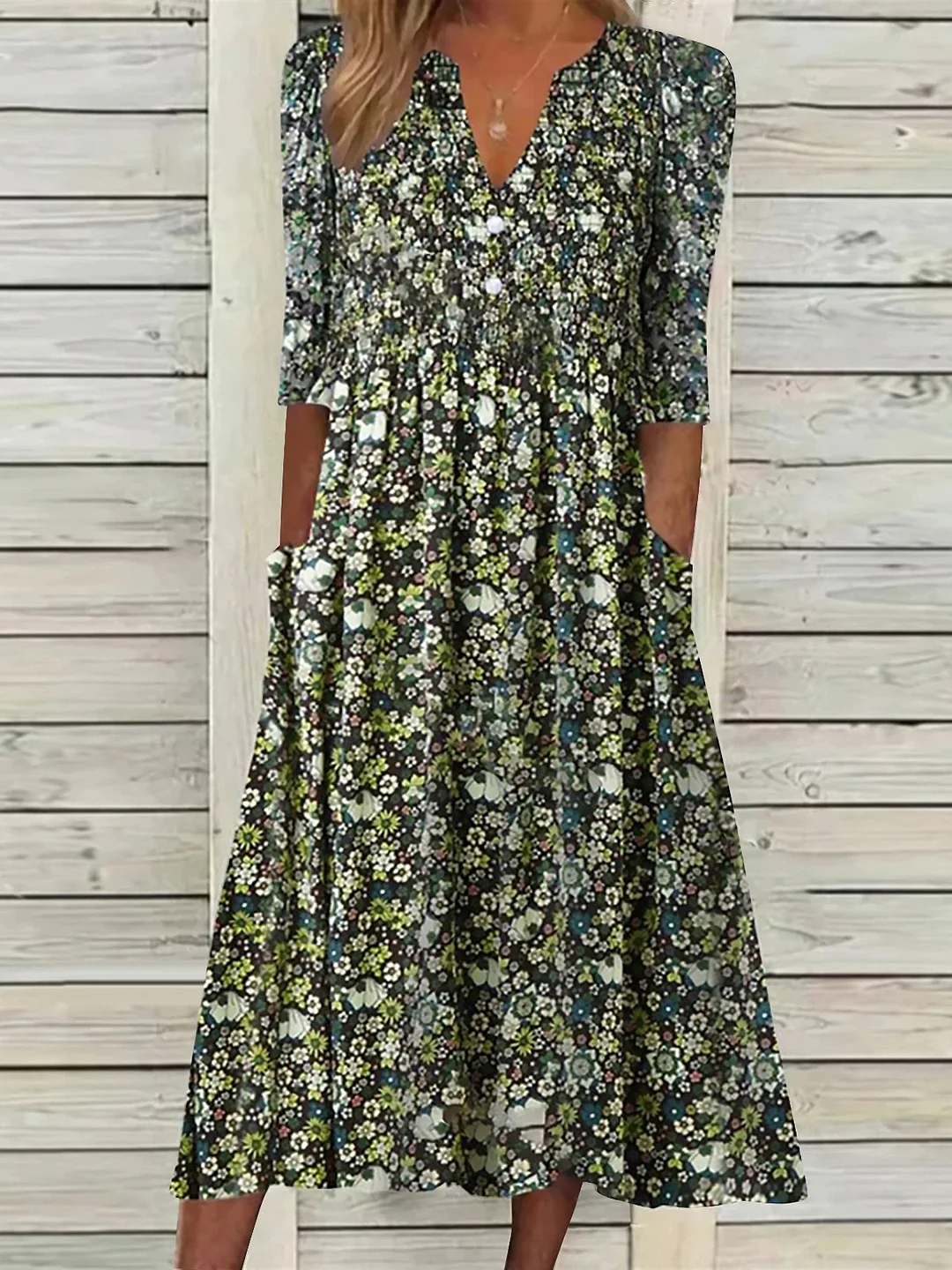 Casual Short Sleeve Woven V Neck Floral Midi Dress | IFYHOME
