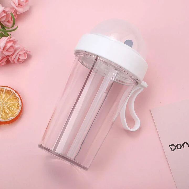 Portable Dual Straw Separate Drink Bottle Outdoor Travel Double-tube Opening Bottle