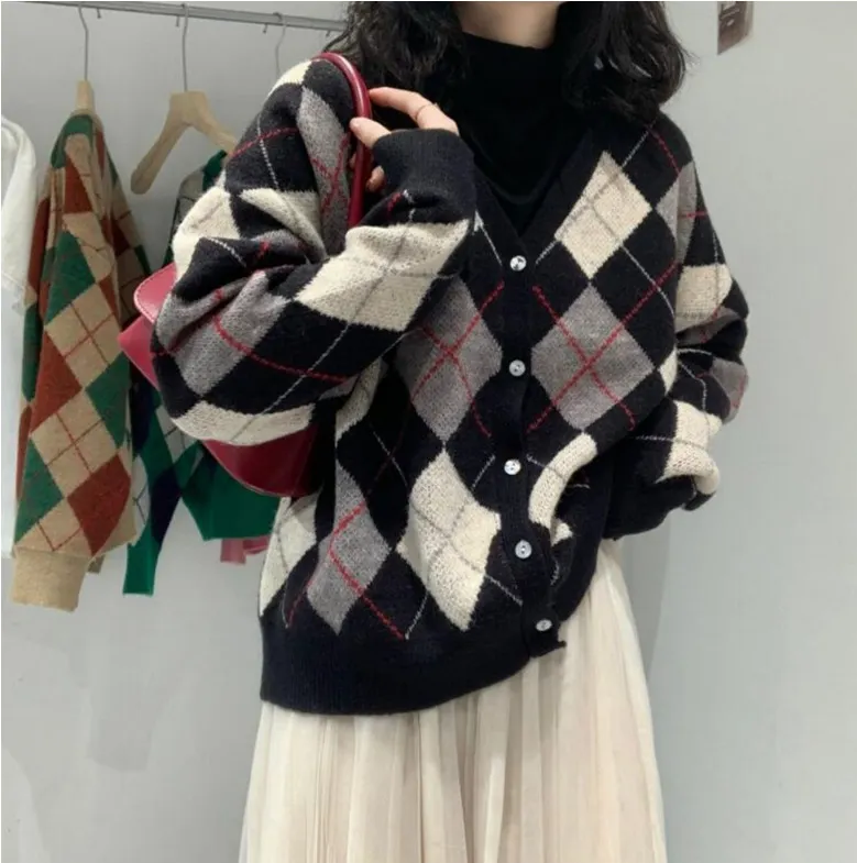 Churchf Version Bump Color Diamond Case Knitting Cardigan Female Autumn Winter New Wear Retro Loose V-Neck Sweater Coat Female