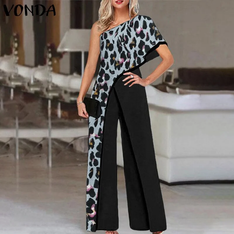 2022 VONDA Women Vintage Wide Leg Rompers Elegant Long Jumpsuits Casual Loose Solid One Shoulder Office Party Overalls Oversized